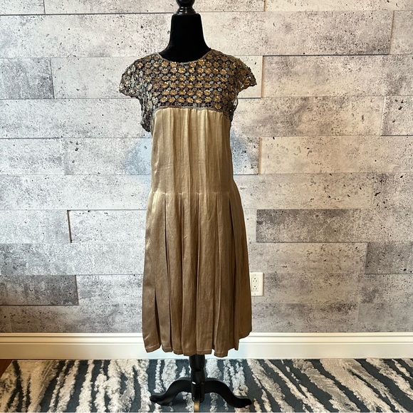 Gold/bronze Midi A-line Dress with Flutter Sleeves for Cocktail - Picture 1 of 5